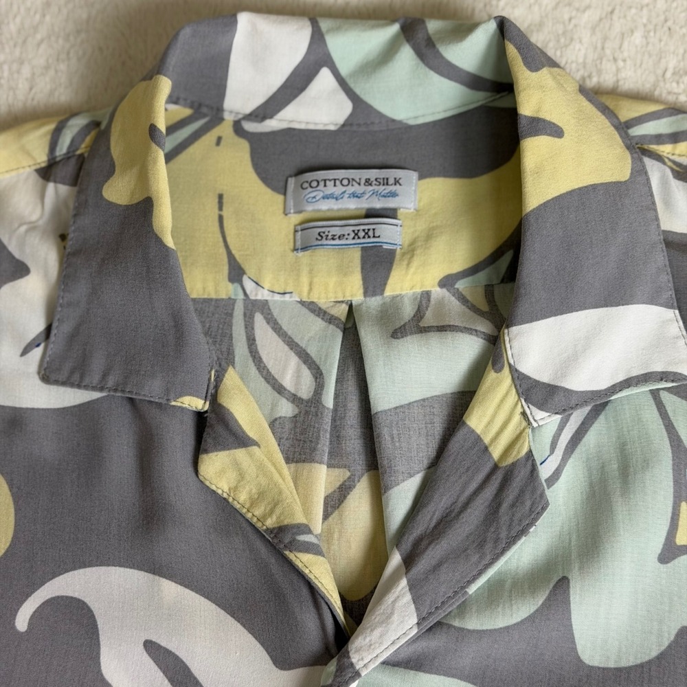 Cotton & Silk Button Down Shirt Mens XXL Grey Yellow Floral Tropical Camp Summer